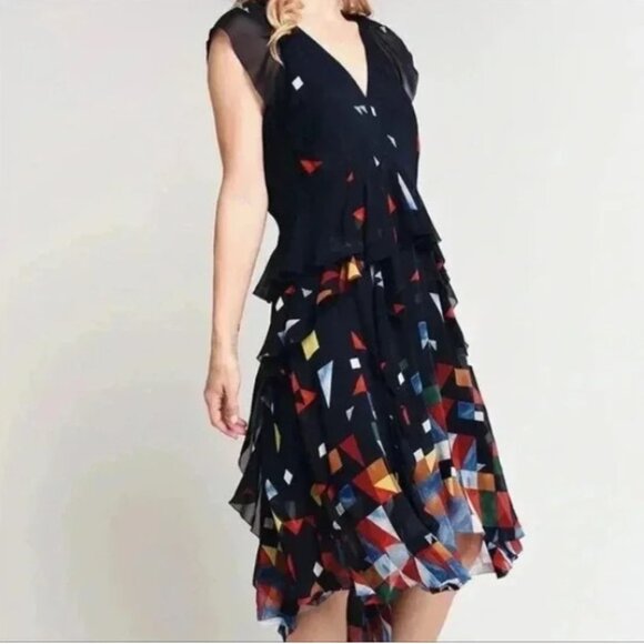 Joie NWT 100% Silk Navy Colorful Layered Cocktail Midi Dress Sheer Ruffles 8 M - Picture 1 of 13